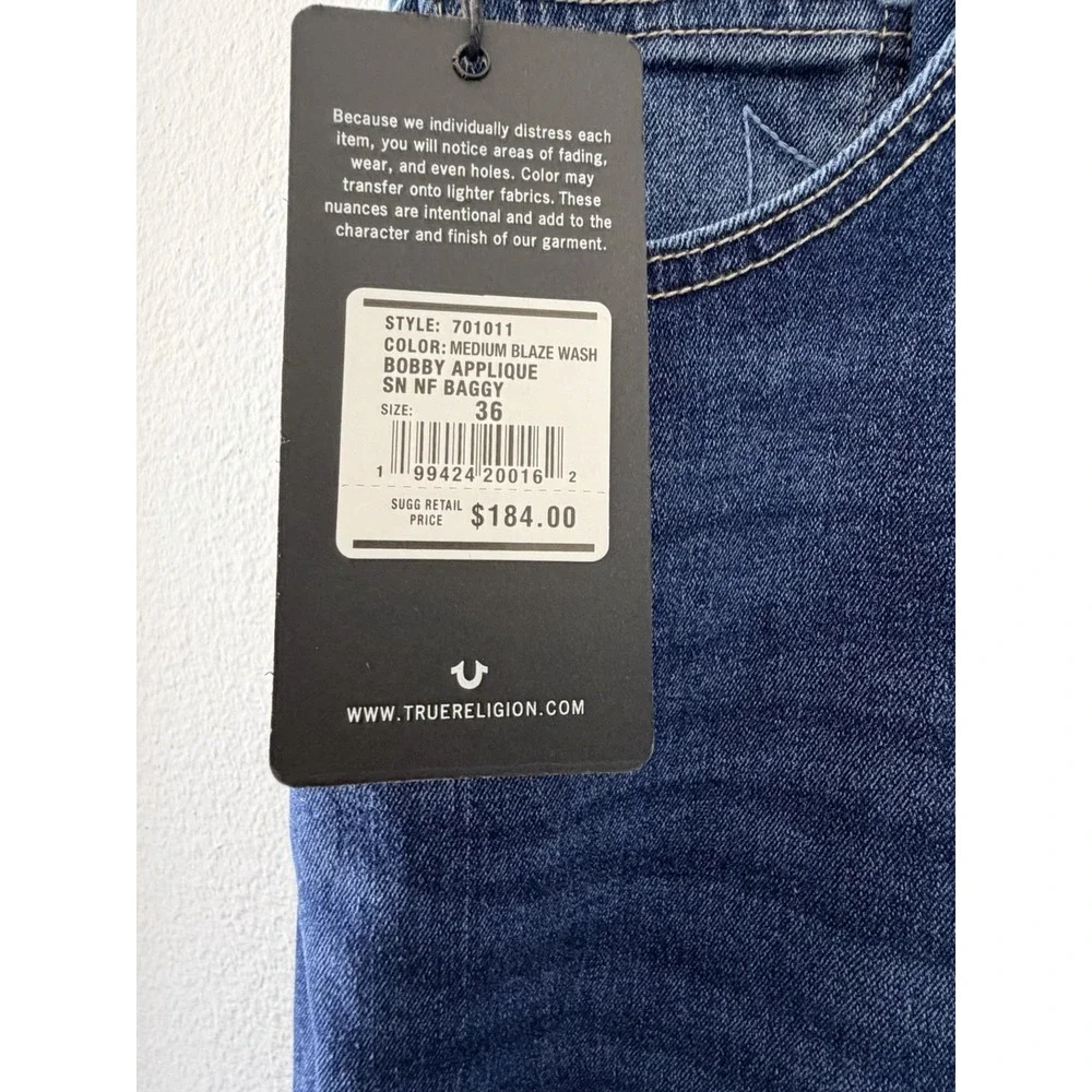 NWT True Religion Bobby Applique Baggy Fit Jeans Men Medium Blaze Wash Size 36